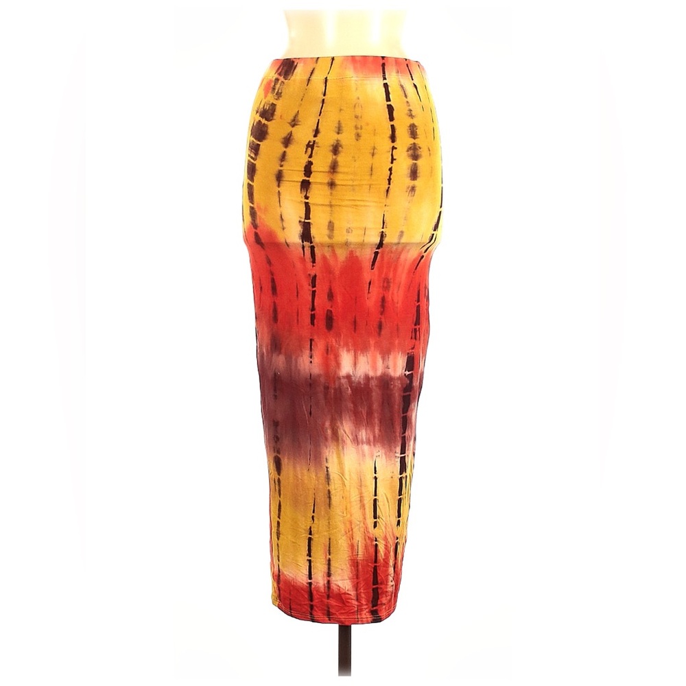 Black Bead Yellow/Orange Tie Dye Midi Skirt M